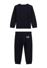 Dunkelblauer Baumwoll-Trainingsanzug mit einem Sweatshirt mit Rundhalsausschnitt und tapered Hosen, mit einem weißen Logo am linken Bein. Weicher, strukturierter Stoff.