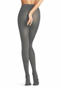 Collant opachi di colore grigio scuro con texture a coste, vita alta e design senza cuciture sulla punta, mostrati da dietro.