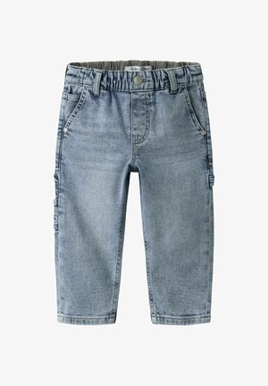 Sinine denimihüple põlve piirkonnas, lõdvema kärpimisega, millel on elastne vöökoht, viis taskut ja külgedel kaanetasu taskud.