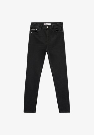 Jeans skinny neri a vita alta con bottone frontale, zip e cinque tasche, di cui una con una piccola zip anteriore.