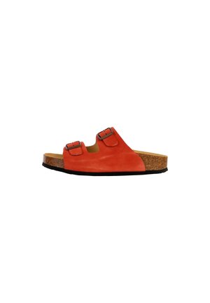 Sandal con tomaia in suede rosso, con due fibbie regolabili, suola intermedia in sughero e suola esterna in gomma nera. Design piatto adatto per abbigliamento casual.