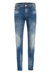 Blaue Denim-Jeans mit schmaler Passform, einem ausgebleichten Finish, Fünf-Taschen-Design und einer Metallknopfverschluss an der Taille.