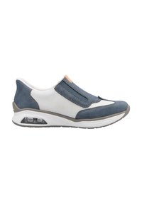 Blue and white slip-on sneaker with mesh and suede material, featuring elastic side panels, cushioned sole, and clear air pocket detail.