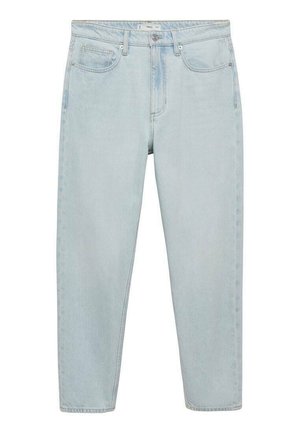Light blue denim jeans with a high waist, straight leg, five-pocket design, and a classic button closure. Soft, faded texture.