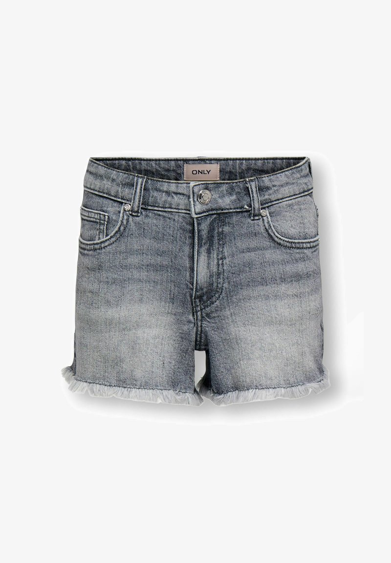 Vybledlé sivé rifľové šortky so strapcami na okrajoch, predným zapínaním na gombíky a zips, pútkami na opasok, dvoma prednými vreckami a malou značkovou etikou vo vnútri pásu.