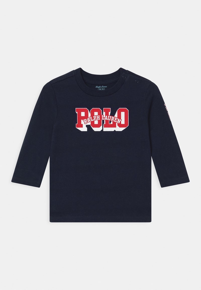 Granatowa koszula z długim rękawem wykonana z bawełny, z dużym czerwono-białym logo "POLO RALPH LAUREN" na klatce piersiowej oraz zatrzaskami na ramionach dla łatwego zakładania.