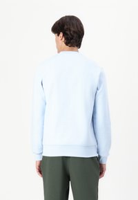 Lys blå sweatshirt i myk stoff med rund hals og ribbestrikkede mansjetter, parret med mørkegrønne bukser. Enkelt, ubarbert design.