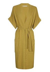 Senapsgul stickad morgenrock med vida ärmar, ett bälte vid midjan och två framfickor. Texturerad tyg med en slät finish.