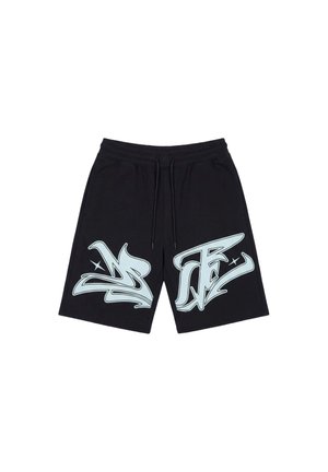 Shorts noirs à cordon avec de grandes lettres bleu clair de style graffiti sur chaque jambe et poches latérales, présentés sur fond blanc.
