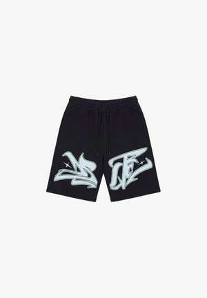 Shorts noirs à cordon avec de grandes lettres bleu clair de style graffiti sur chaque jambe et poches latérales, présentés sur fond blanc.