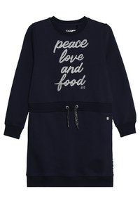 Granatowa sukienka dresowa z srebrnym nadrukiem "pokój, miłość i jedzenie", ze sznurkiem w talii i ściągaczami przy rękawach. Wykonana z miękkiego materiału, z bocznymi kieszeniami.