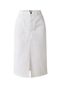 Falda midi de mezclilla blanca con una abertura frontal, cinco bolsillos y cierre de botón. Líneas limpias y forma estructurada.
