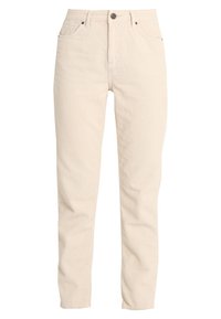 Beige kordfloddsbyxor med vertikala ribbor, rak benpassform, standard femficksdesign och stängning med knapp och dragkedja.