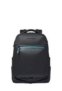 Sac à dos noir en tissu lisse, doté d'une poche avant zippée avec une fermeture éclair turquoise, de bretelles rembourrées et d'une poignée supérieure.