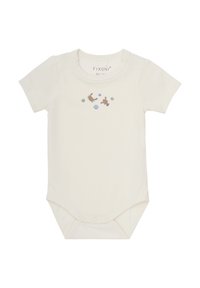 Kortärmad bodysuit i elfenbenfärgad bomull med rundad halsringning och lekfull krabbapplikation i brunt, blått och grönt. Tryckknappar i botten.