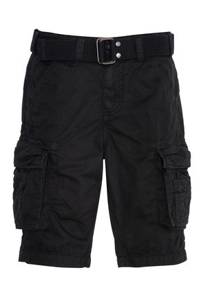 Shorts cargo noirs avec ceinture, plusieurs poches à rabat sur les côtés et poches frontales en biais, coupe longueur genou.