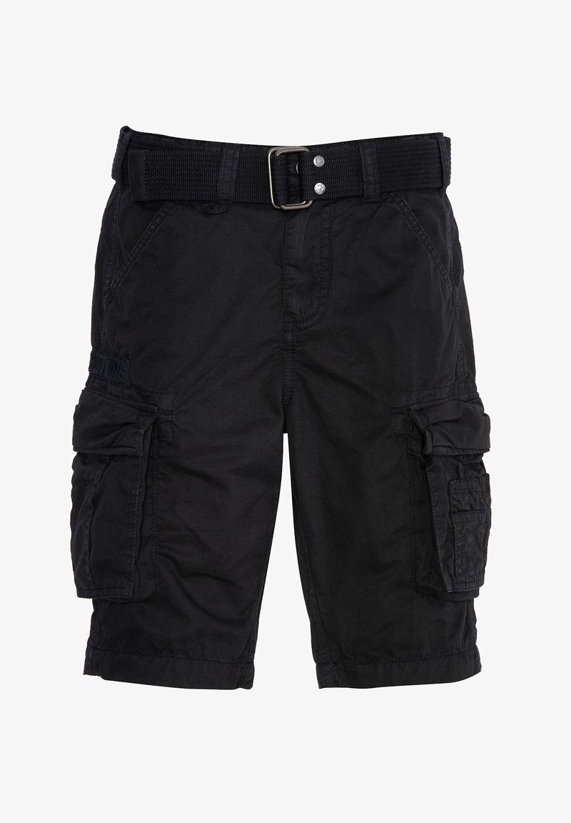 Shorts cargo noirs avec ceinture, plusieurs poches à rabat sur les côtés et poches frontales en biais, coupe longueur genou.
