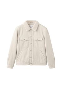 Hellbeige Jacke mit weichem, flauschigem Kragen, zwei Brusttaschen, seitlichen Handtaschen und Knopfverschluss. Der Stoff wirkt strapazierfähig und strukturiert.