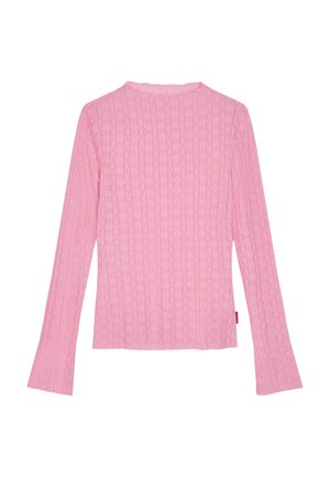 Haut rose à manches longues en maille côtelée avec motif floral, encolure ronde et manches légèrement évasées.