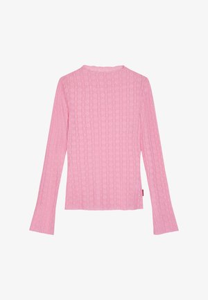 Różowy top z długim rękawem wykonany z prążkowanego dzianiny, ozdobiony kwiatowym wzorem, z okrągłym dekoltem i lekko rozszerzanymi rękawami.