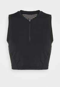 Svart sportcroptop med hög halsringning och korta ärmar. Har en dragkedja och randig innerfoder. Slät, elastisk tyg.