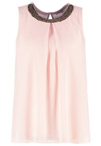 Blusa sin mangas de color rosa claro con un frente plisado y un cuello adornado con cuentas. Fabricada en una tela lisa y ligera. La parte posterior cuenta con un detalle de ojal.