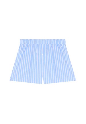 Bóxer para hombre con rayas verticales en azul claro y blanco, con cintura elástica y dos botones blancos en la parte delantera.