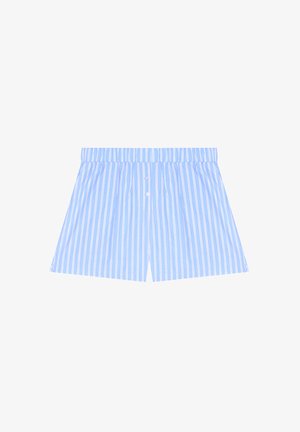 Boxer homme rayé vertical bleu clair et blanc avec ceinture élastique et deux boutons blancs à l’avant.