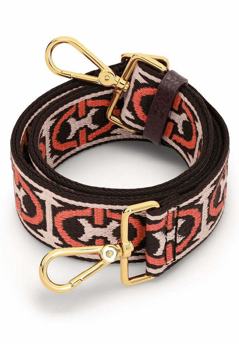 Sangle en tissu réglable avec motif géométrique rouge, noir et beige, équipée de fermoirs pivotants en métal doré aux deux extrémités.