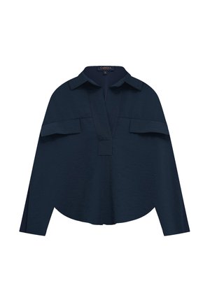 Camisa azul marino hecha de tela texturizada, con cuello con muesca, mangas largas y dos bolsillos frontales de gran tamaño.