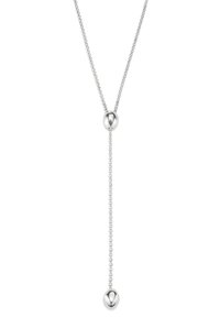 Collar de cadena de plata que presenta dos acentos esféricos, uno cerca del broche y otro colgando de un delicado eslabón, creando un diseño en forma de Y.