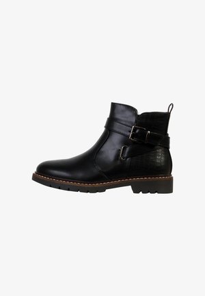 Zwarte leren enkelboot met een krokodillenstructuur paneel, zijsluiting, ronde neus en rubberen zool met antislipdetails.
