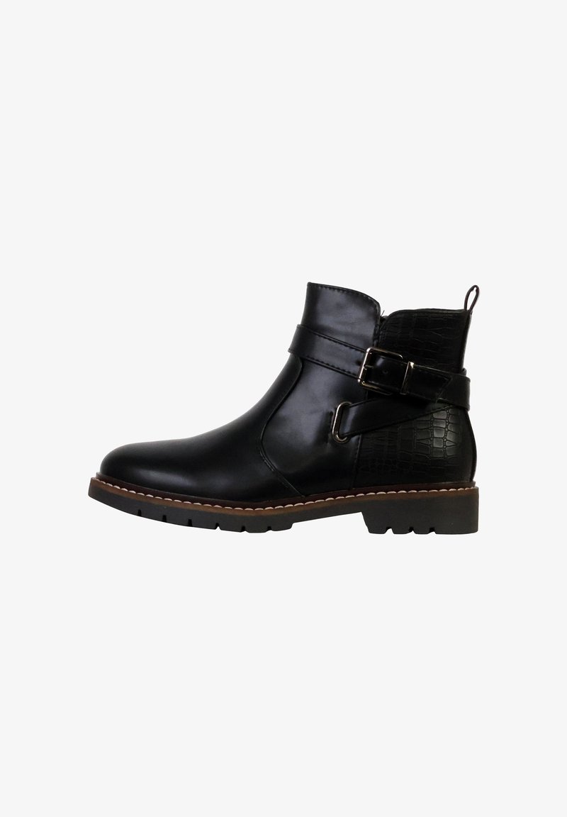 Bottine en cuir noir avec un panneau en texture crocodile, boucle sur le côté, bout rond et semelle en caoutchouc avec des détails de traction.