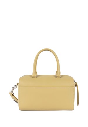 Borsa a mano in pelle gialla con forma arrotondata, doppi manici superiori e tracolla staccabile. Texture liscia con dettagli di design minimalisti.