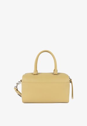 Borsa a mano in pelle gialla con forma arrotondata, doppi manici superiori e tracolla staccabile. Texture liscia con dettagli di design minimalisti.