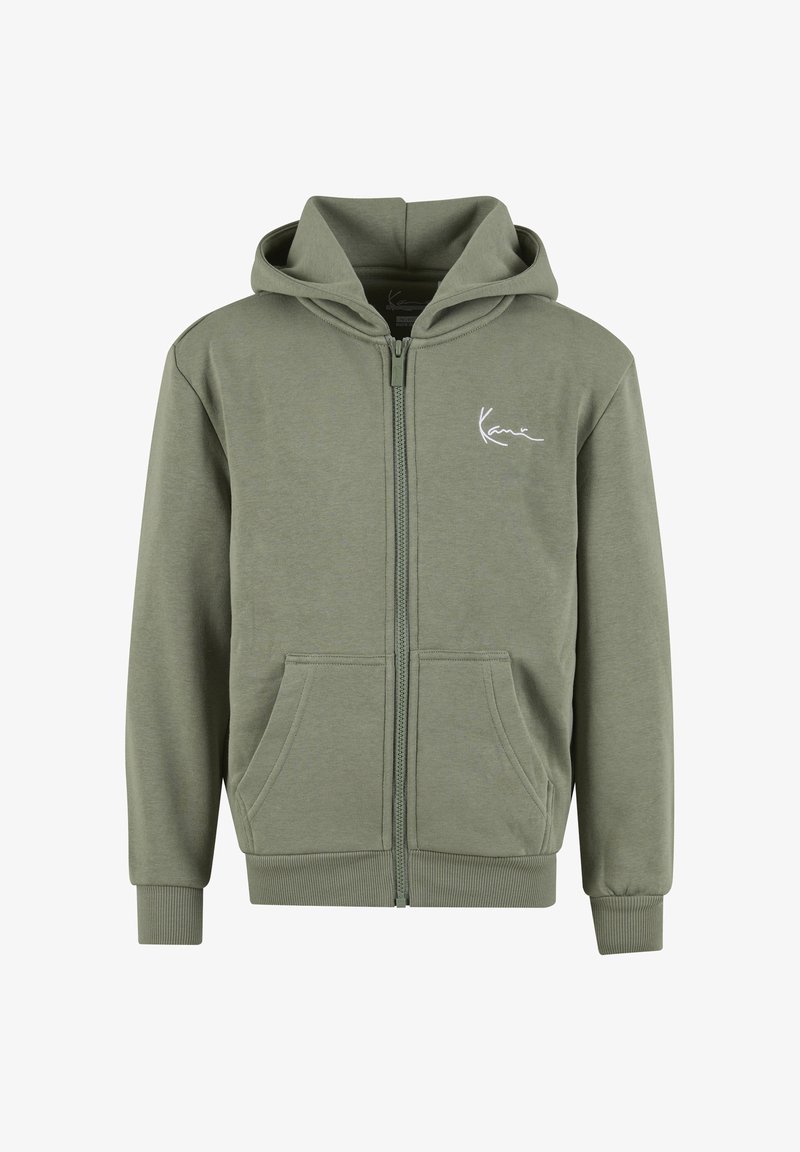 Olivengrøn lynlåshoodie med forlommer, ribstrikkede manchetter og kant, en hætte samt lille hvidt logo på venstre bryst.