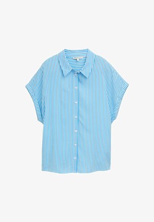 Camicia a maniche corte a bottoni di colore azzurro chiaro con righe verticali bianche. Caratterizzata da un colletto e una vestibilità comoda. Texture liscia e piatta.