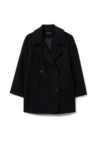 Schwarzer Doppelreiher-Mantel aus weichem Stoff. Mit einem Reverskragen, zwei vorderen Knöpfen und einer entspannten Passform mit Seitentaschen.