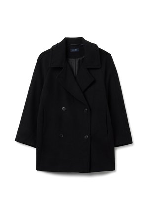 Abrigo negro de doble botonadura hecho de una tela suave. Cuenta con un cuello con muescas, dos botones frontales y un corte relajado con bolsillos laterales.