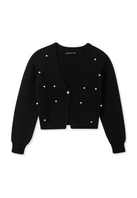 Czarny kardigan z miękkiego materiału, z dekoltem w kształcie litery V, długimi rękawami oraz dekoracyjnymi akcentami przypominającymi perły. Zapięcie na guziki z przodu.