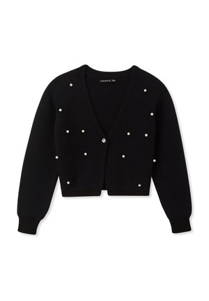 Cardigan nero realizzato in tessuto morbido, con scollo a V, maniche lunghe e dettagli decorativi simili a perle. Chiusura con bottoni sul davanti.