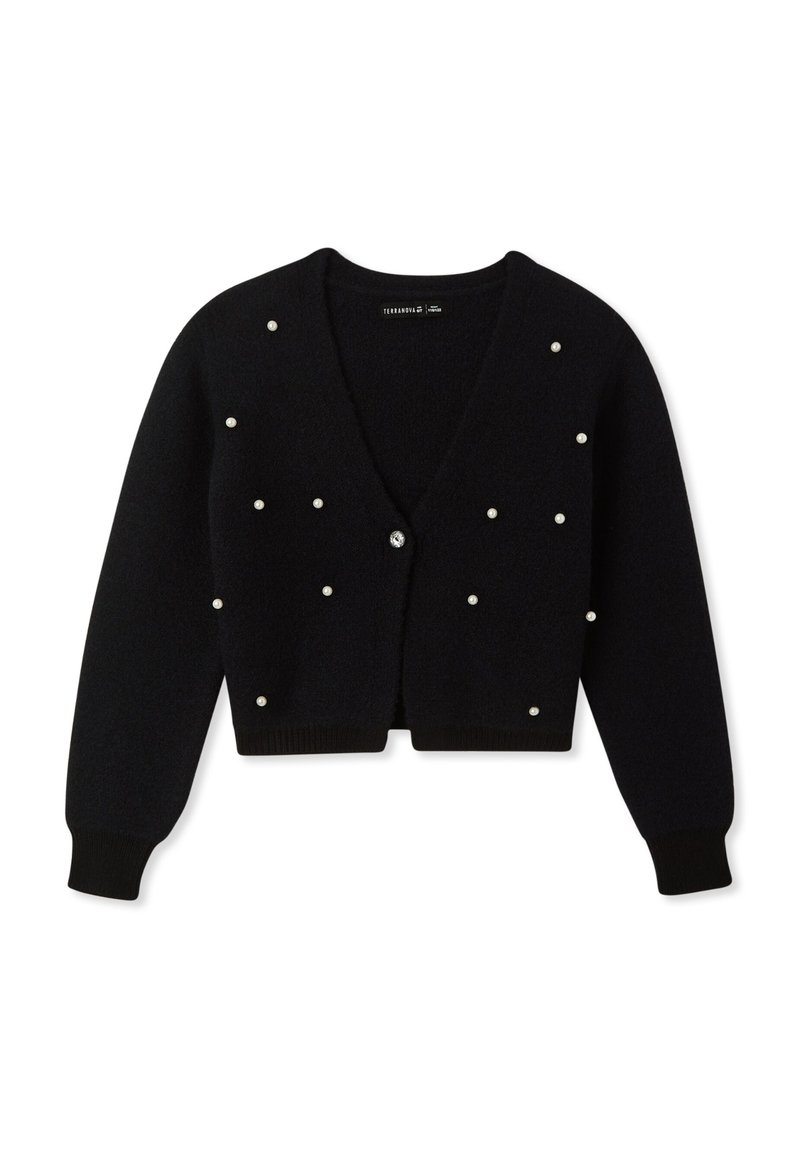 Czarny kardigan z miękkiego materiału, z dekoltem w kształcie litery V, długimi rękawami oraz dekoracyjnymi akcentami przypominającymi perły. Zapięcie na guziki z przodu.