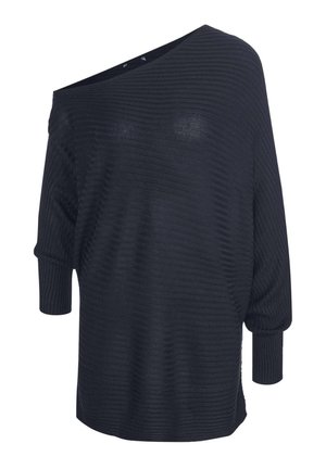 Schwarzer, gerippter Strickpullover mit einem schulterfreien Design, lockerer Passform und langen Ärmeln. Strukturierten Stoff mit subtiler Eleganz.