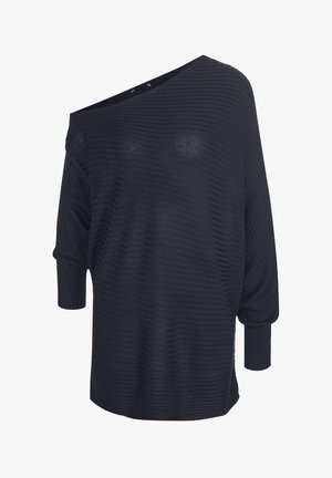 Schwarzer, gerippter Strickpullover mit einem schulterfreien Design, lockerer Passform und langen Ärmeln. Strukturierten Stoff mit subtiler Eleganz.