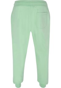 Lys grønne joggebukser med elastisk midje, ribbestrikket ankler og baklomme. Materialet ser glatt ut med en myk tekstur.