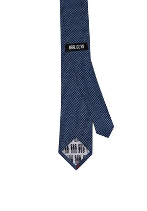 Blau gemusterte Krawatte mit einem schwarzen Etikett mit der Aufschrift „REAL GUYS“ und einem Innenfutter mit kleinen schwarzen Strichmännchen-Silhouetten.