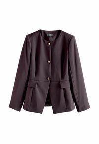 Sötét lila blézer sima anyagból, kerek nyakkivágással, négy arany gombbal és két elülső zsebbel, amelyek fedéllel rendelkeznek.
