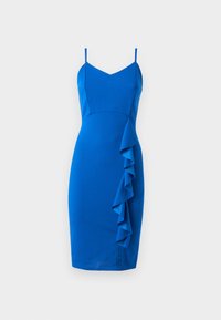 Blue fitted dress with spaghetti straps, v-neckline, and a cascading ruffle detail on the left side. Made from smooth, stretch fabric.