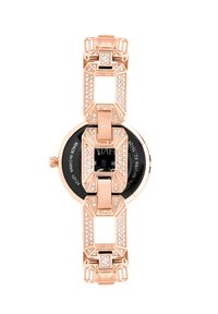 Orologio in oro rosa con cassa rettangolare, quadrante nero, abbellito con cristalli trasparenti sul bracciale, caratterizzato da un design geometrico.
