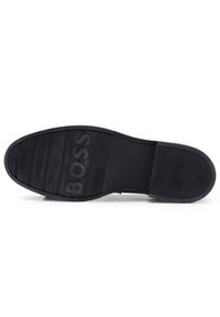 Semelle d'une chaussure de ville noire avec des rainures horizontales et le mot « BOSS » embossé près de la partie avant du pied.